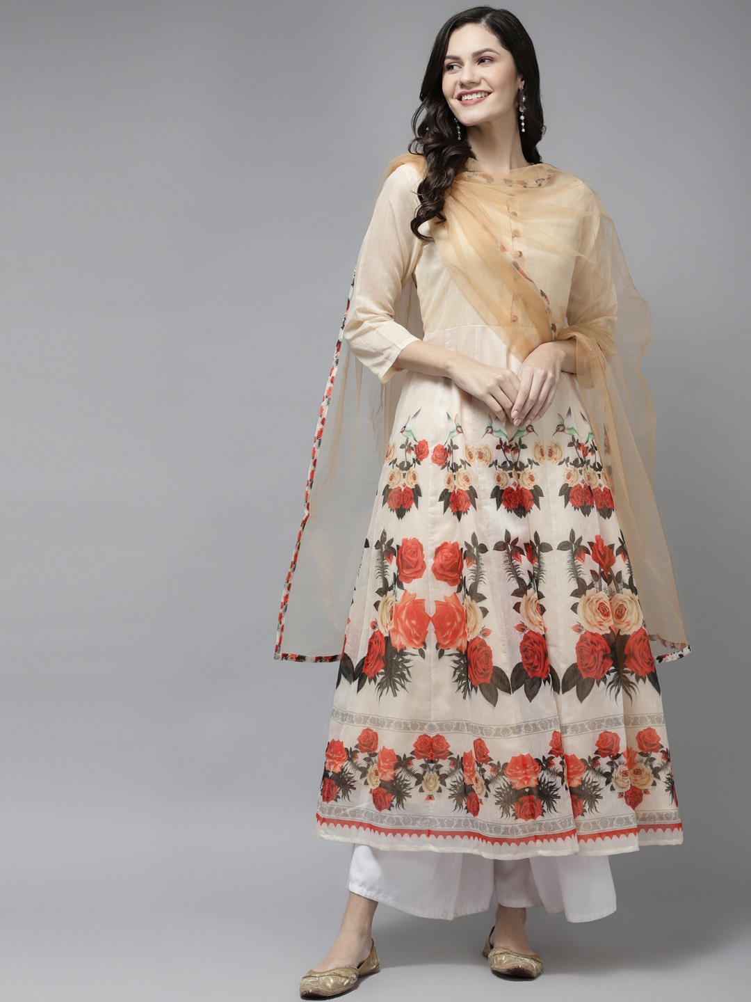 

Bhama Couture Women Beige & Red Floral Chanderi Silk Anarkali Kurta With Dupatta