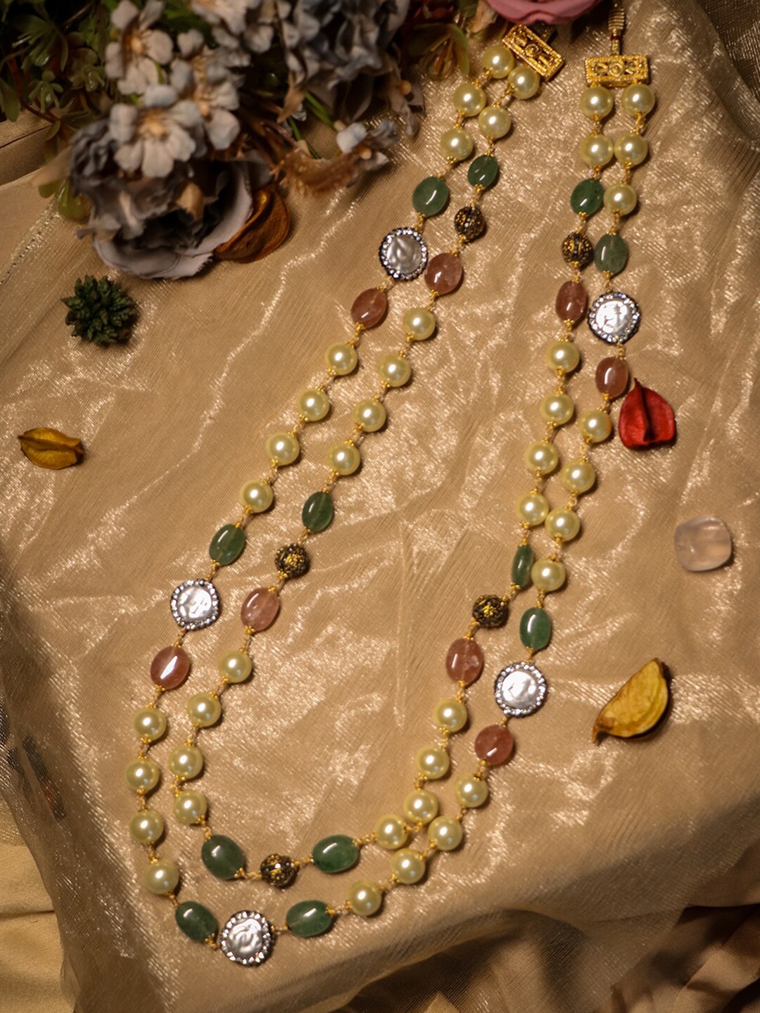 

Ishhaara Cream-Coloured & Green Brass-Plated Handcrafted Double Layered Necklace