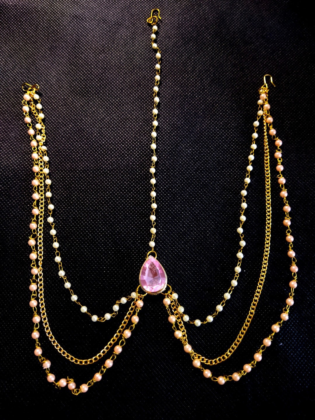 

Kshitij Jewels Gold-Plated Pink Stone-Studded & Pearl beaded Head Jewellery