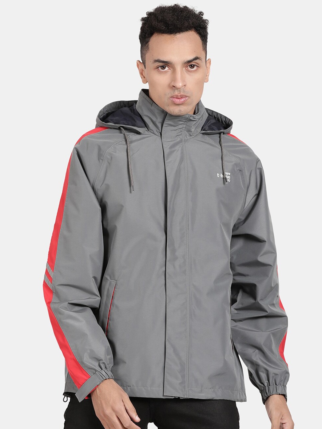 

t-base Men Grey Solid Waterproof Rain Jacket