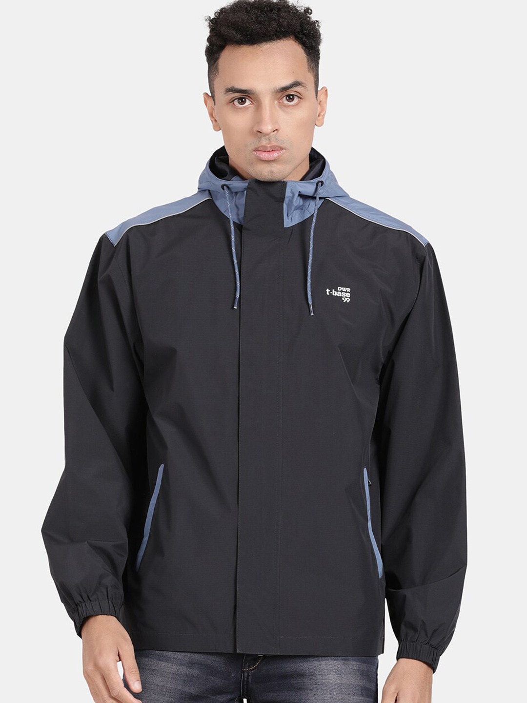 

t-base Men Navy Blue Solid Waterproof Rain Jacket, Black