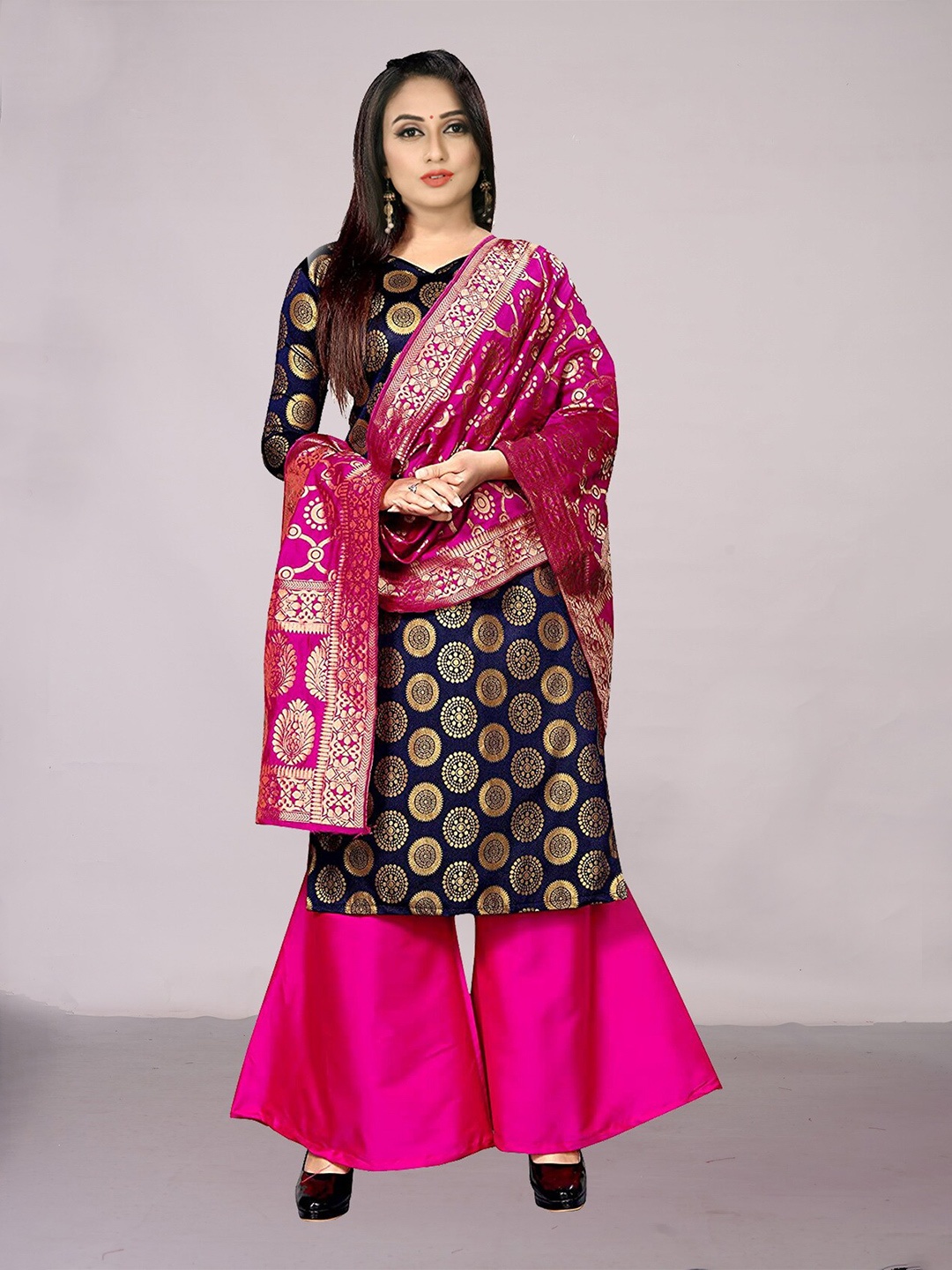 

Ekta Textiles Navy Blue & Magenta Unstitched Banarasi Dress Material