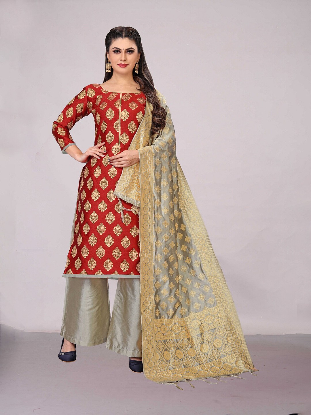 

Ekta Textiles Maroon & Gold-Toned Unstitched Dress Material