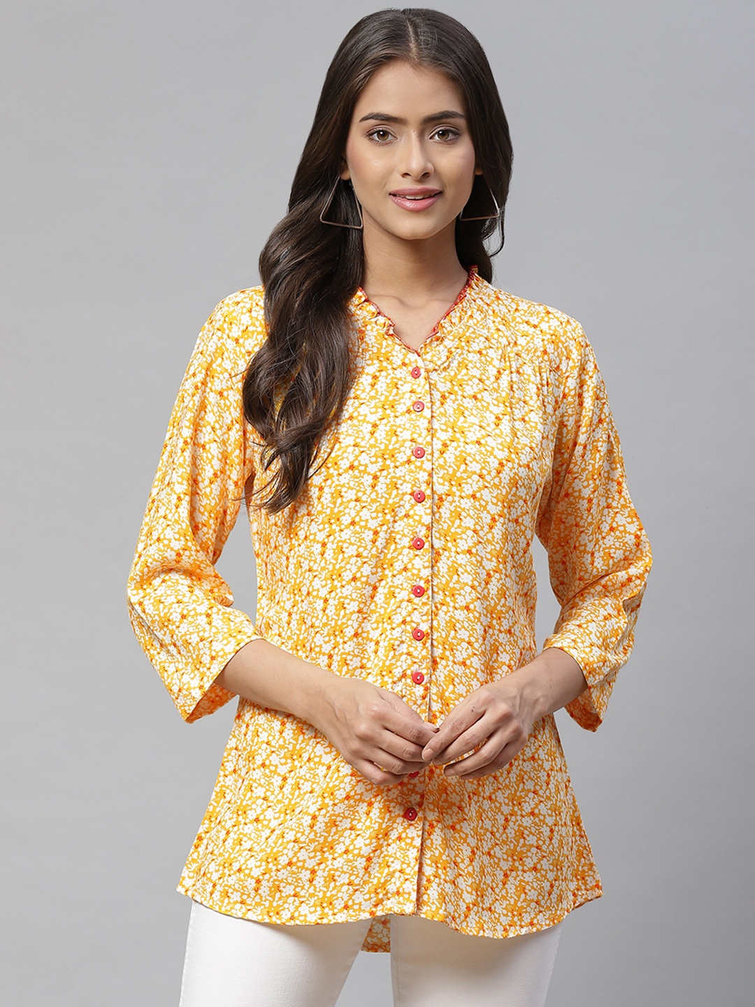 

Ayaany Women Mustard Yellow & Off White Floral Printed Pure Cotton Casual Shirt