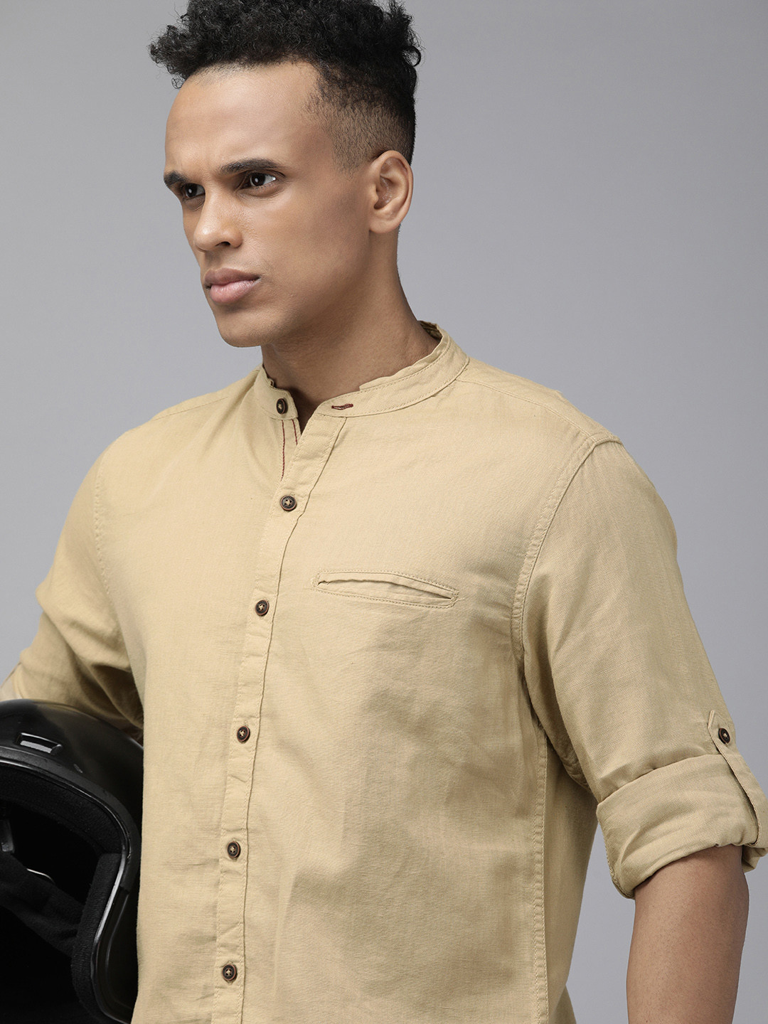 

Roadster Men Beige Linen Cotton Casual Shirt