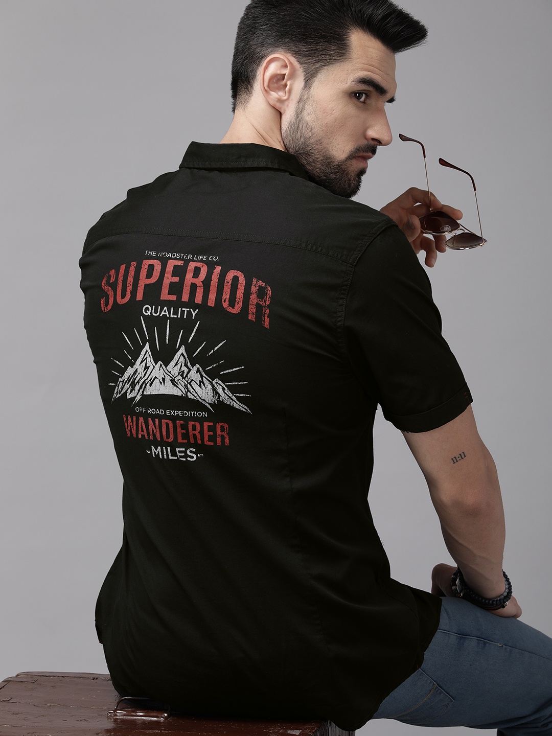 

Roadster Men Black Printed Pure Cotton Casual Shirt