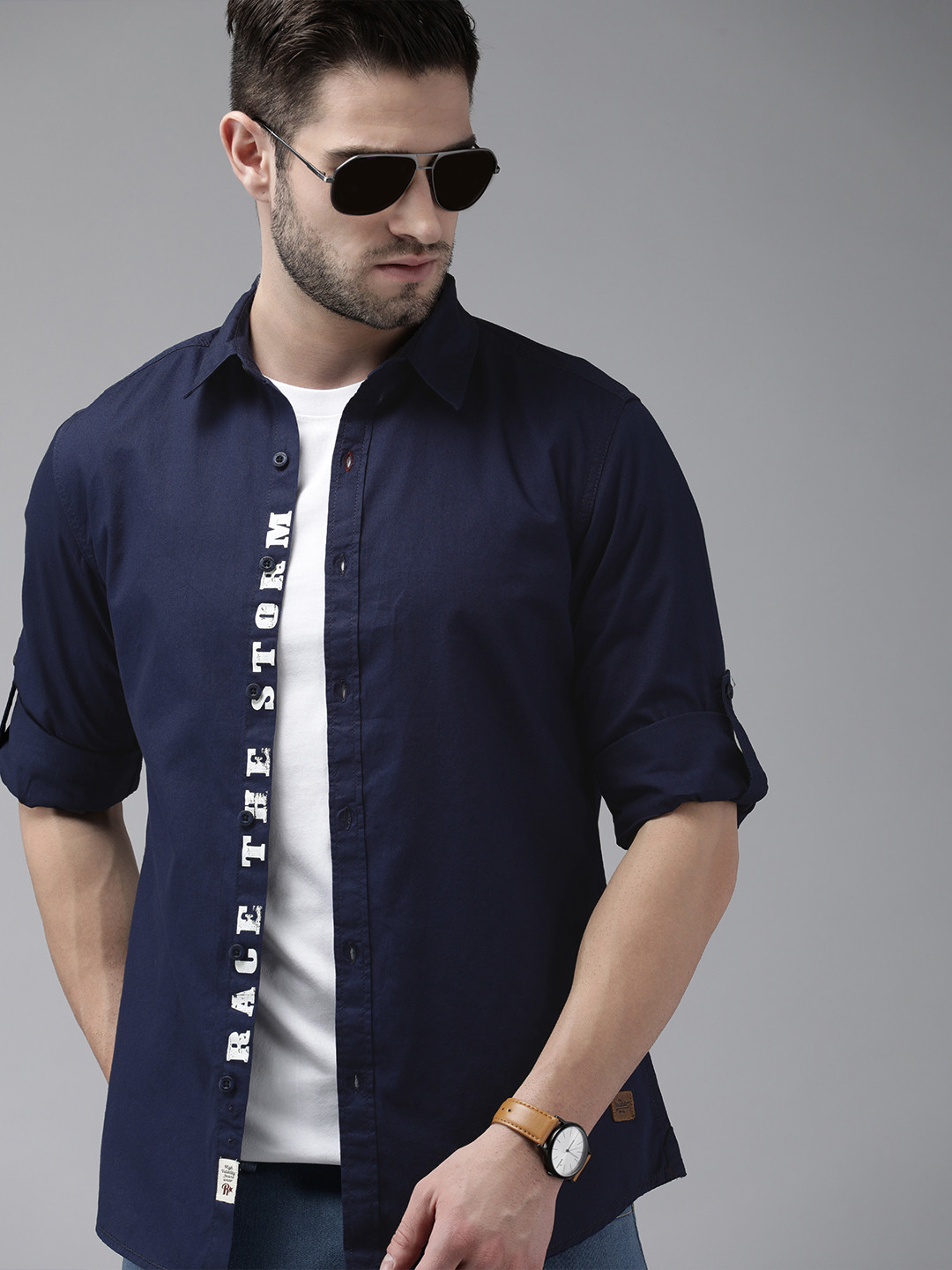 

Roadster Men Blue Solid Pure Cotton Casual Shirt