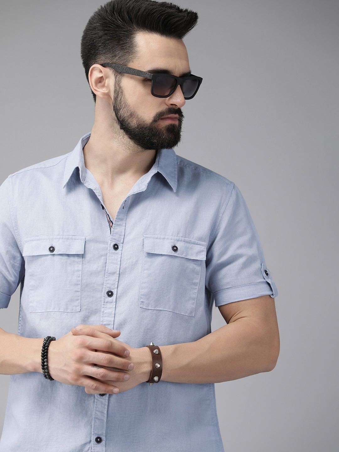 

The Roadster Lifestyle Co. Men Blue Solid Linen Cotton Casual Shirt