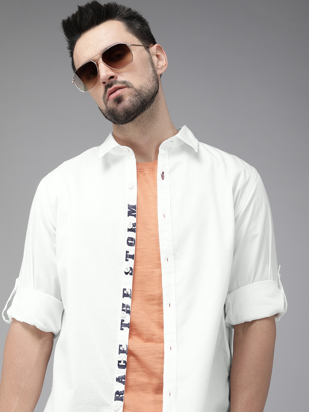 

Roadster Men White Printed Sustainable Casual Pure Cotton Shirt