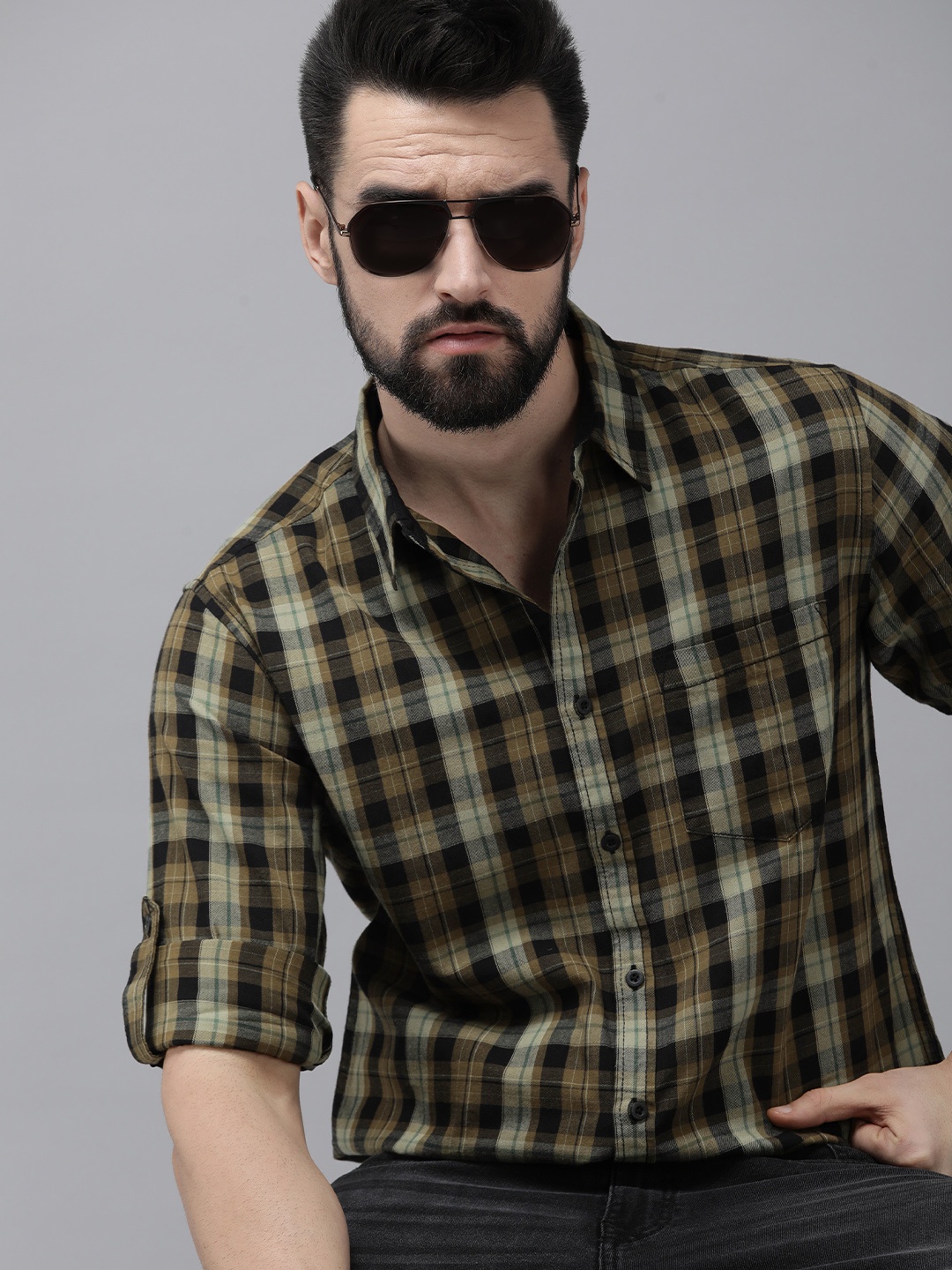 

Roadster Men Brown Tartan Checked Pure Cotton Casual Shirt
