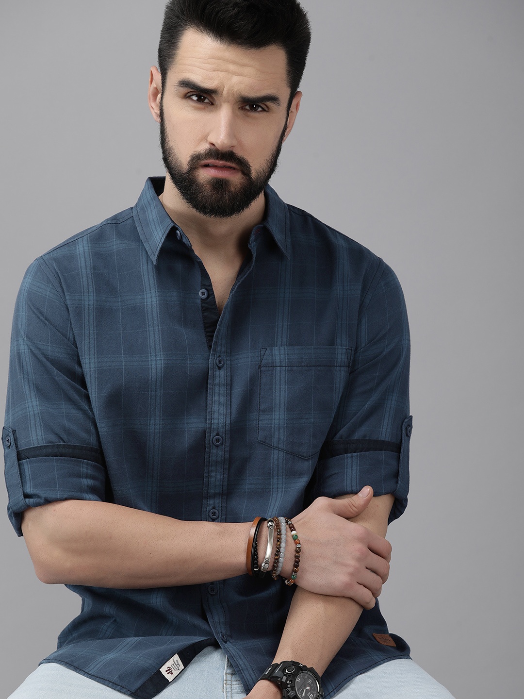 

Roadster Men Navy Blue Tartan Checked Pure Cotton Casual Shirt