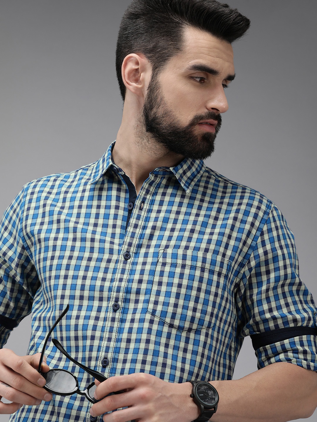 

Roadster Men Blue & Green Gingham Checks Pure Cotton Casual Shirt