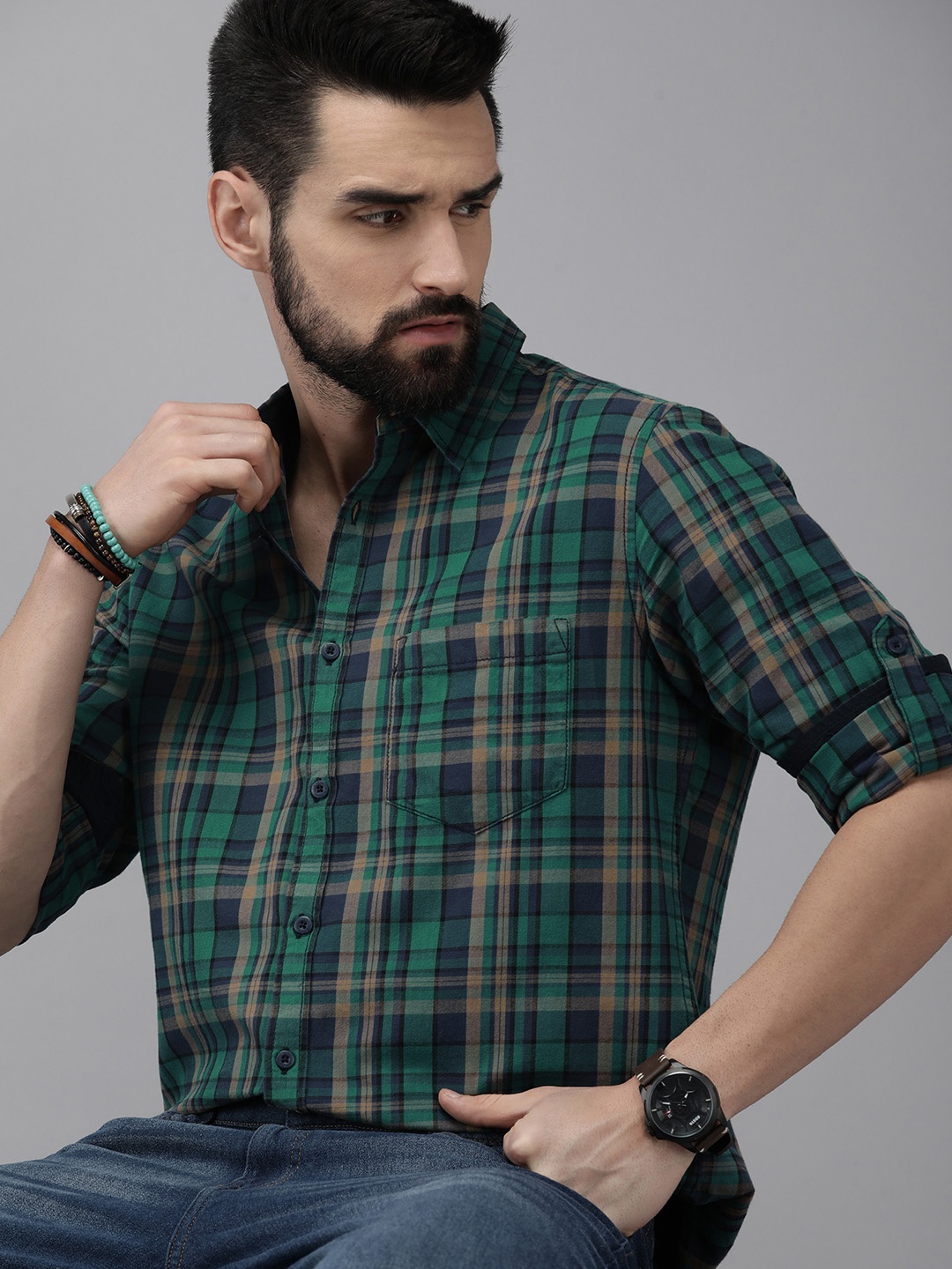 

Roadster Men Green Tartan Checked Pure Cotton Casual Shirt