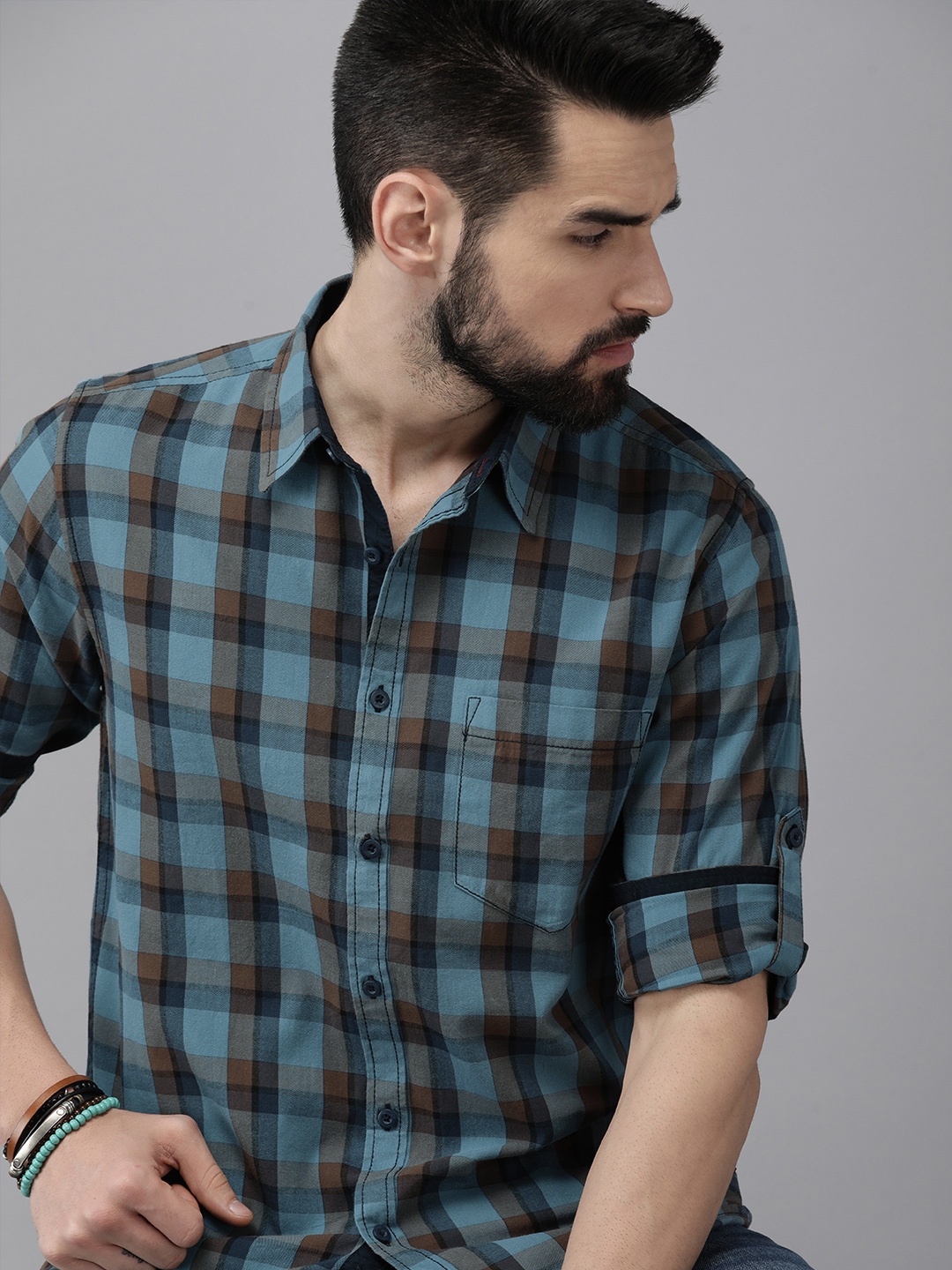 

Roadster Men Blue & Brown Checked Pure Cotton Casual Shirt