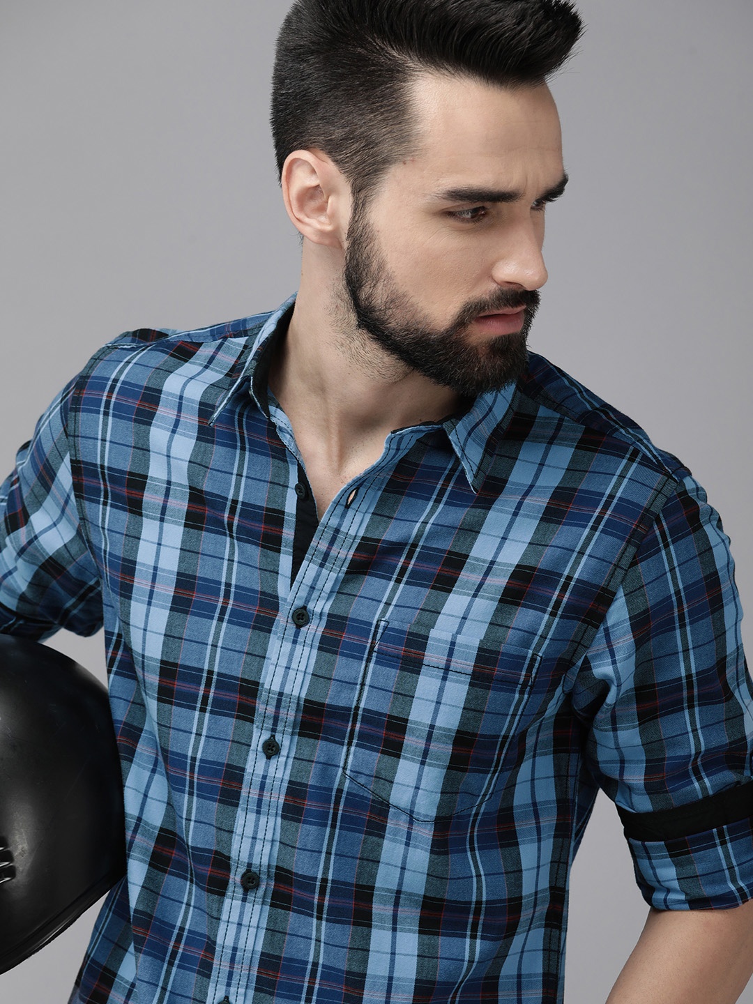 

Roadster Men Navy Blue Tartan Checked Pure Cotton Casual Shirt