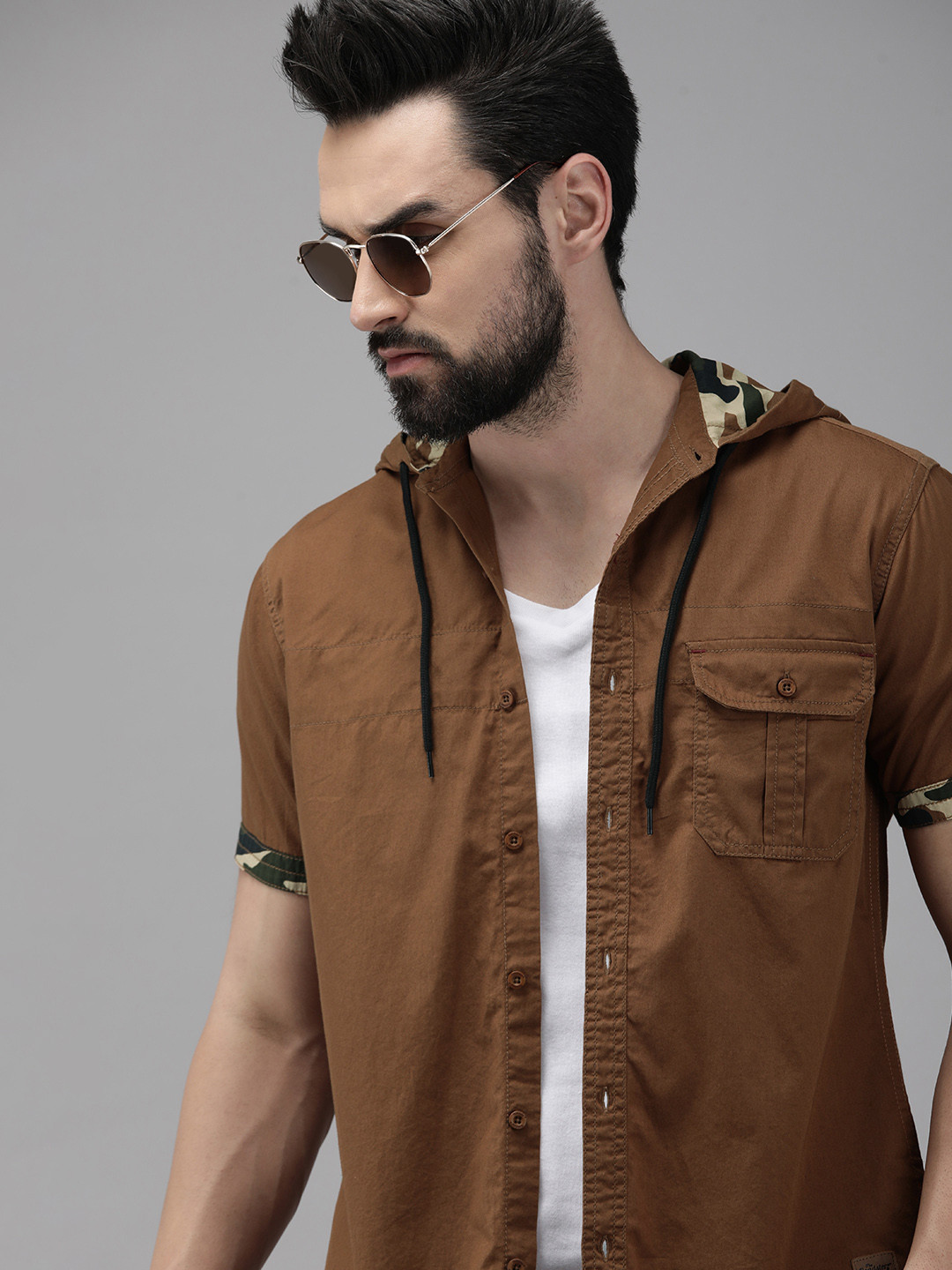 

The Roadster Life Co. Men Coffee Brown Solid Pure Cotton Hooded Casual Shirt