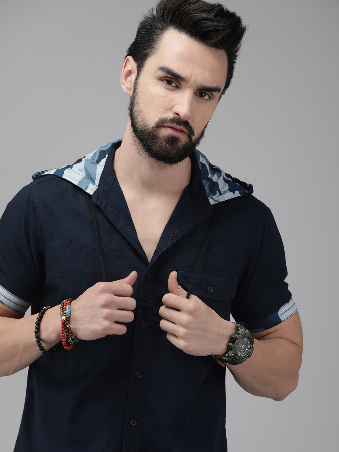 

The Roadster Lifestyle Co. Men Navy Blue Solid Pure Cotton Hooded Casual Shirt