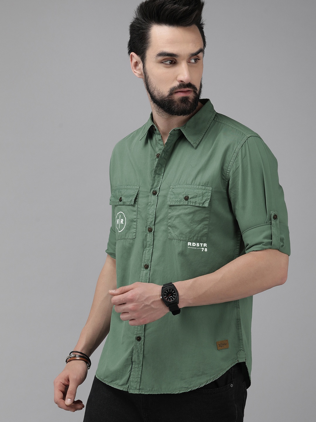 

The Roadster Life Co. Men Olive Green Solid Pure Cotton Casual Shirt