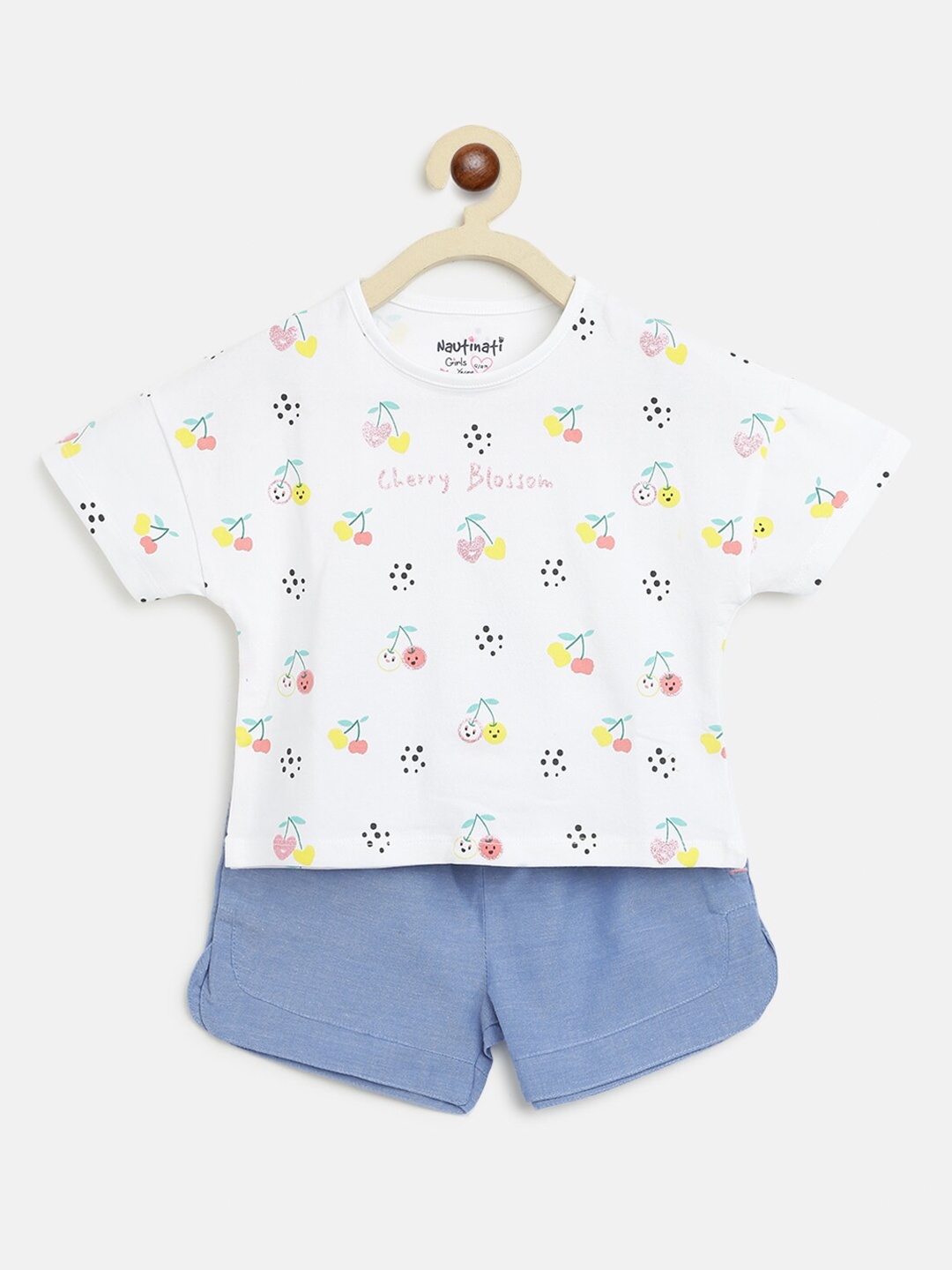 

Nauti Nati Girls White & Blue Printed Pure Cotton Top with Shorts