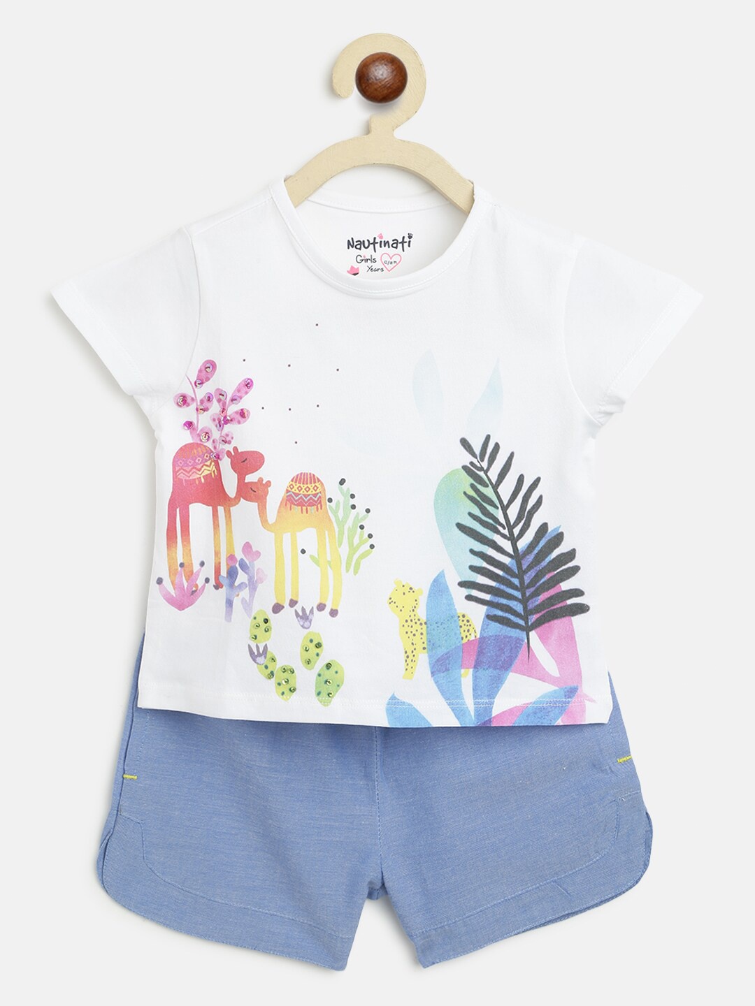 

Nauti Nati Girls White & Blue Printed Pure Cotton Top with Shorts