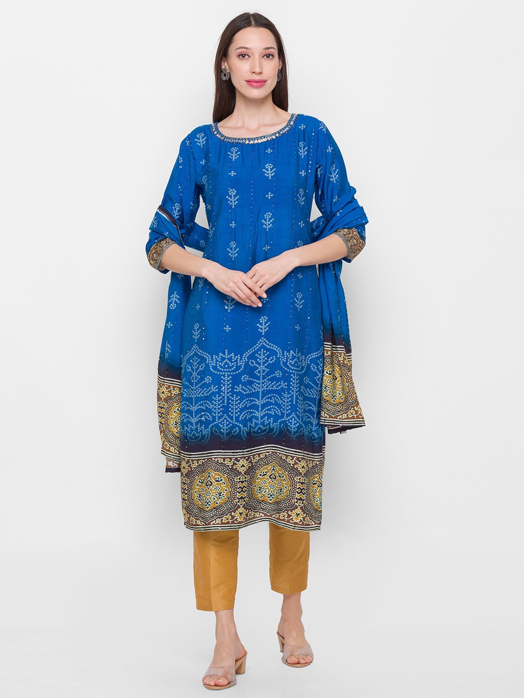 

ZOLA Women Blue Embroidered Panelled Kurti with Trousers & With Dupatta