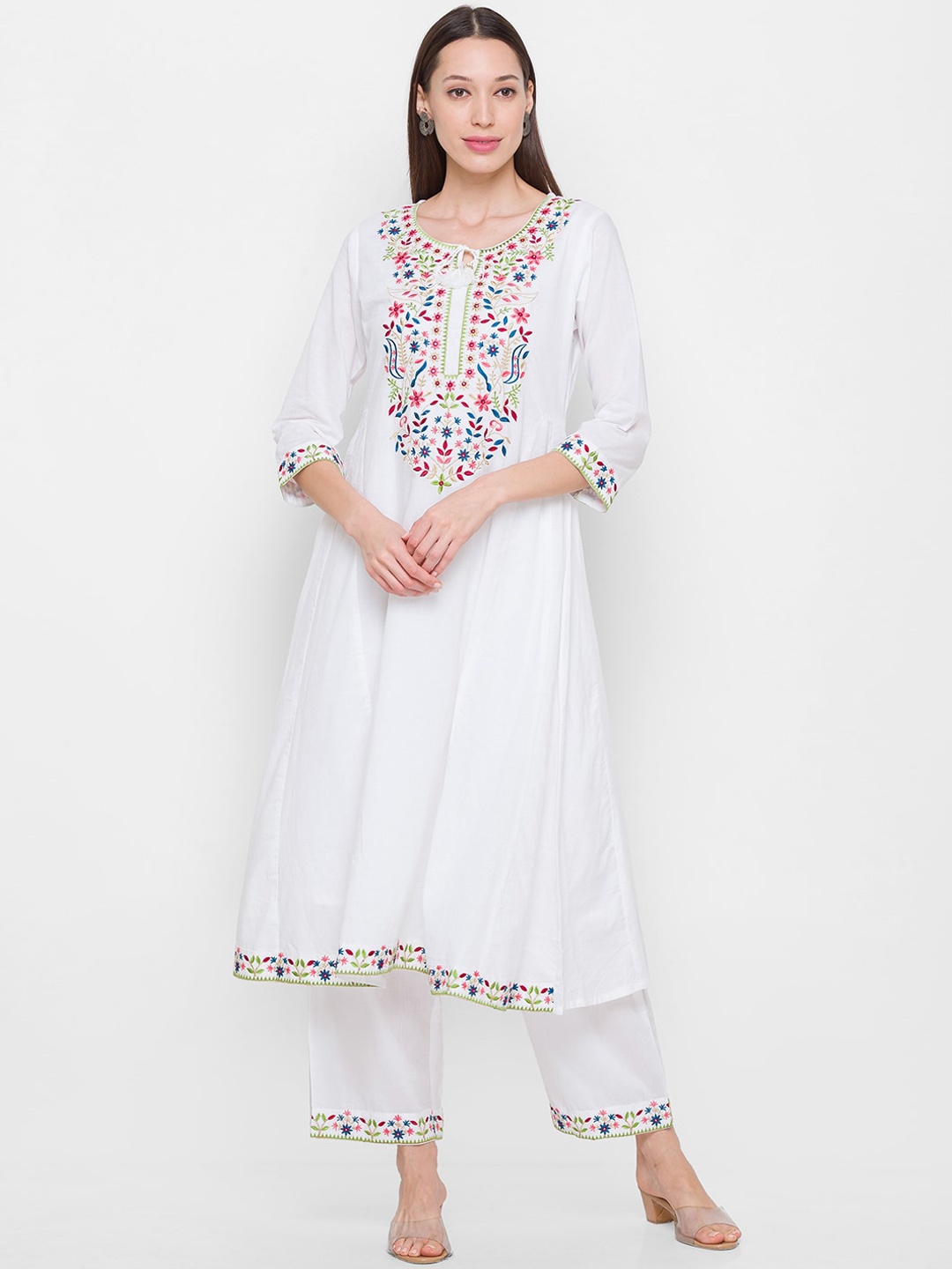 

ZOLA Women White Embroidered Panelled Pure Cotton Kurti with Palazzos