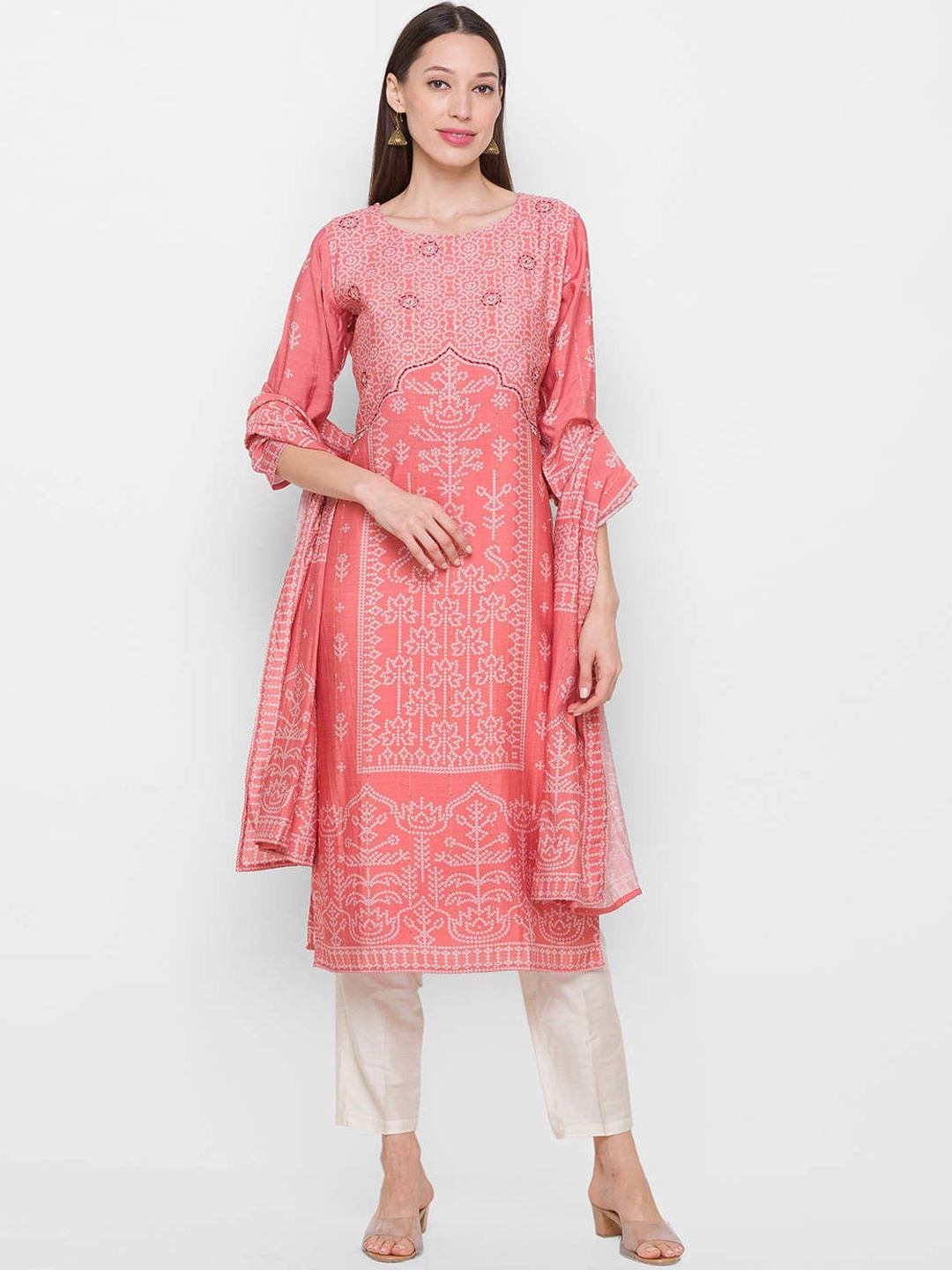 

ZOLA Women Pink Panelled Kurti with Trousers & With Dupatta