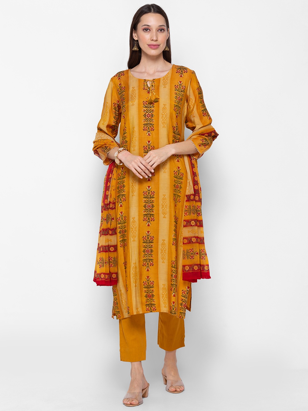 

ZOLA Women Mustard Yellow Panelled Kurti with Trousers & With Dupatta