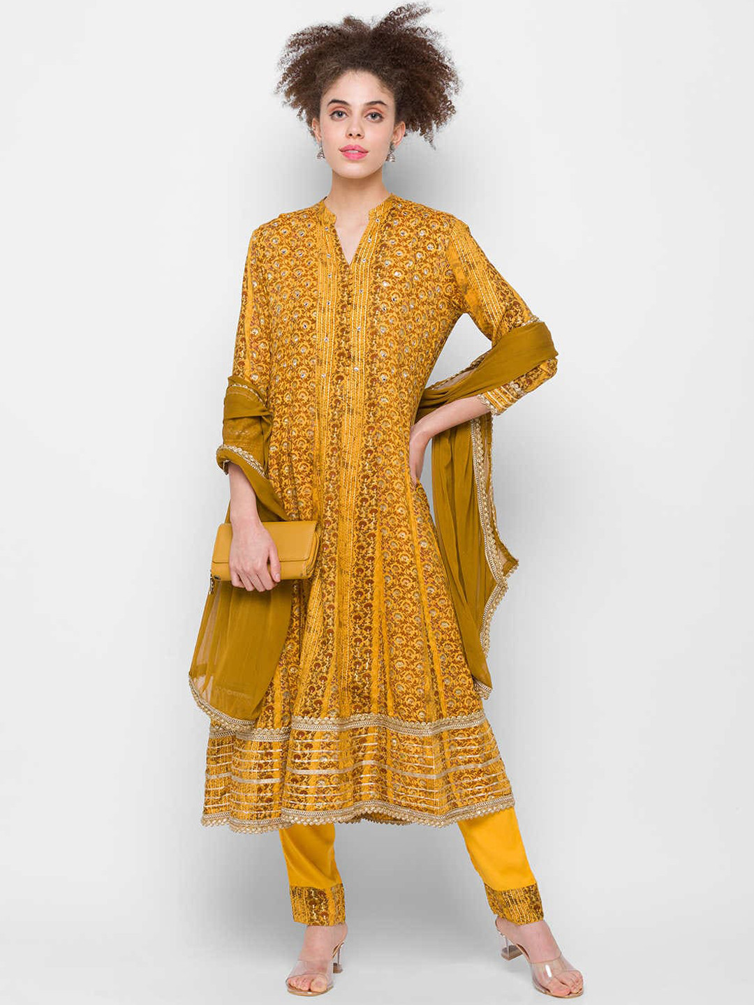 

ZOLA Women Mustard Yellow Floral Embroidered Angrakha Kurti with Trousers & With Dupatta