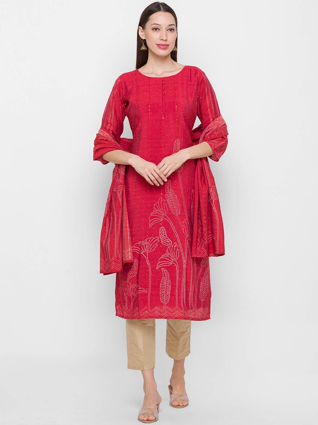 

ZOLA Women Coral Striped Panelled Kurti with Trousers & With Dupatta