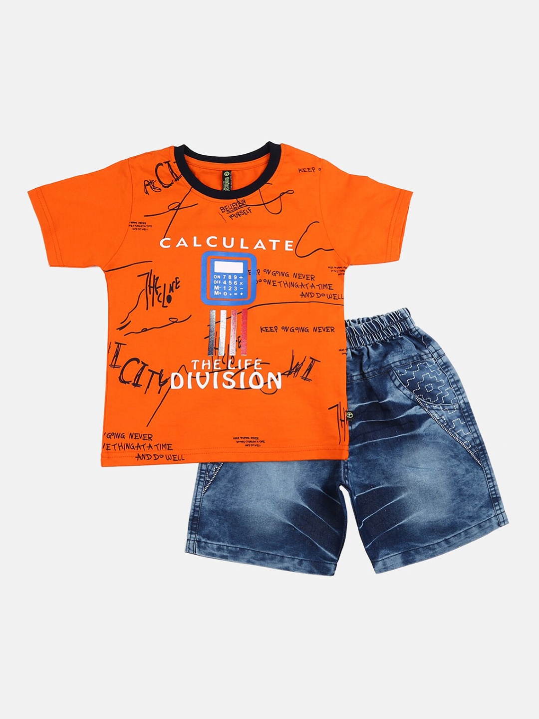 

V-Mart Unisex Kids Orange & Blue Printed T-shirt with Shorts