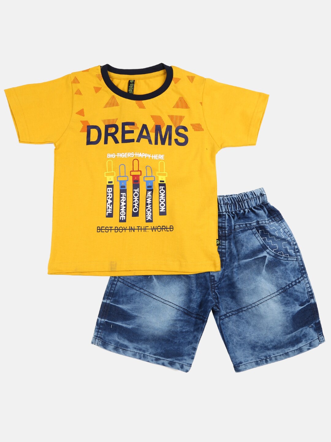 

V-Mart Boys Mustard & Navy Blue Printed T-shirt with Shorts