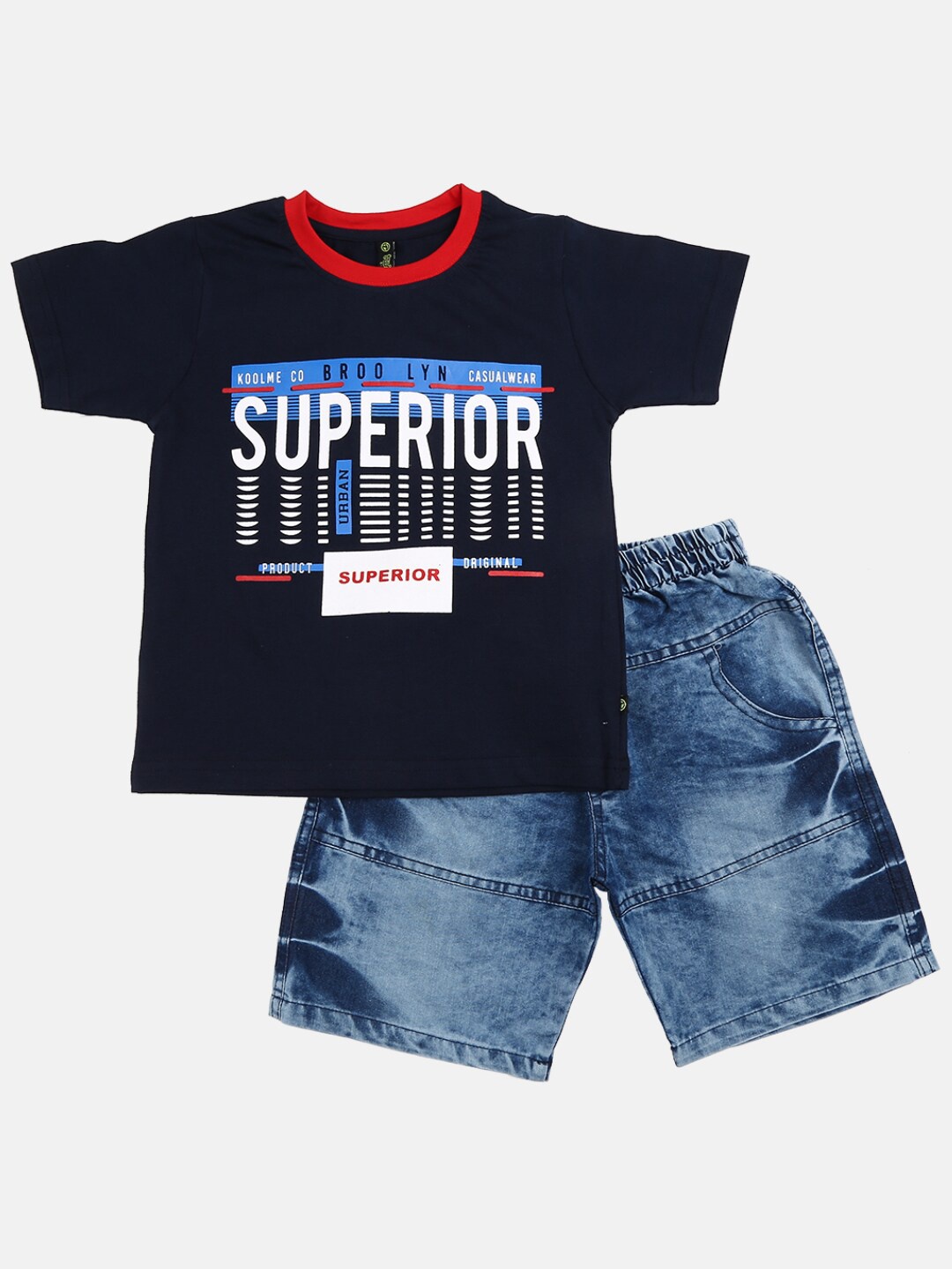 

V-Mart Unisex Kids Navy Blue Printed T-shirt with Denim Shorts