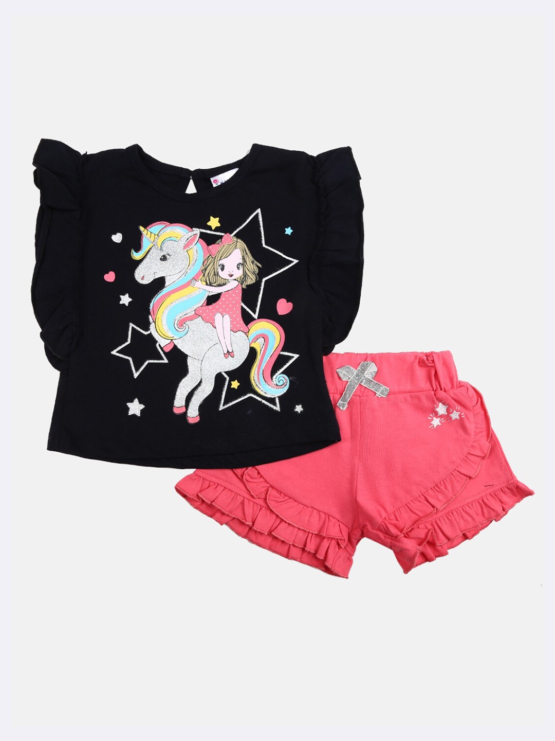 

V-Mart Kids Navy Blue & Pink Printed Pure Cotton T-shirt with Shorts