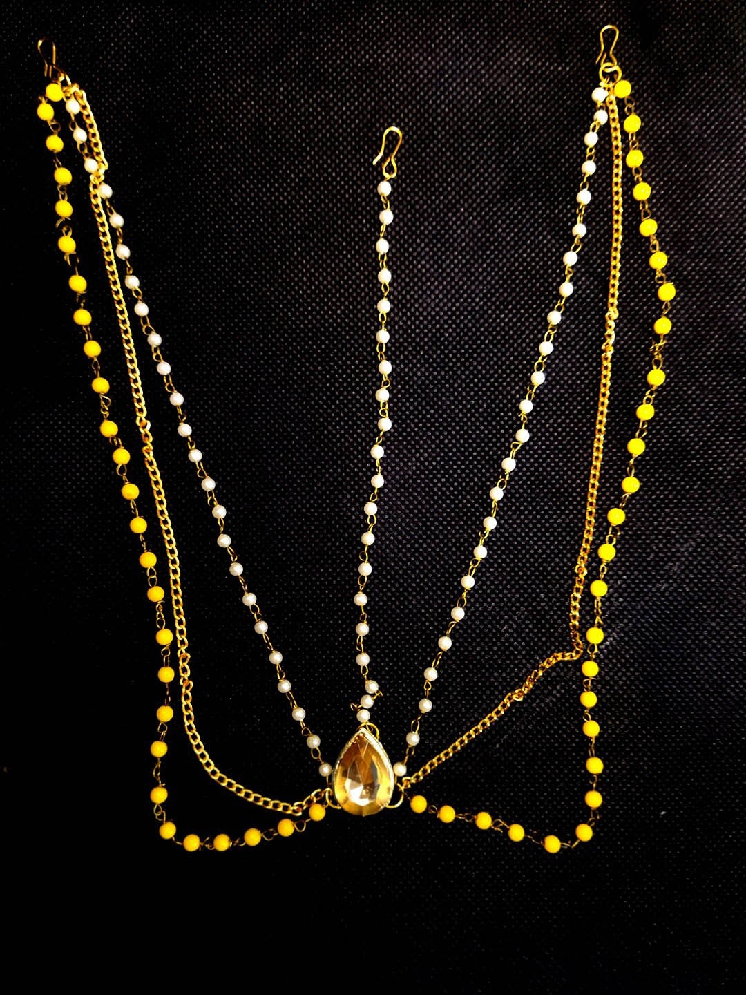 

Kshitij Jewels Gold-Plated White & Yellow Stone-Studded & Beaded Mathapatti