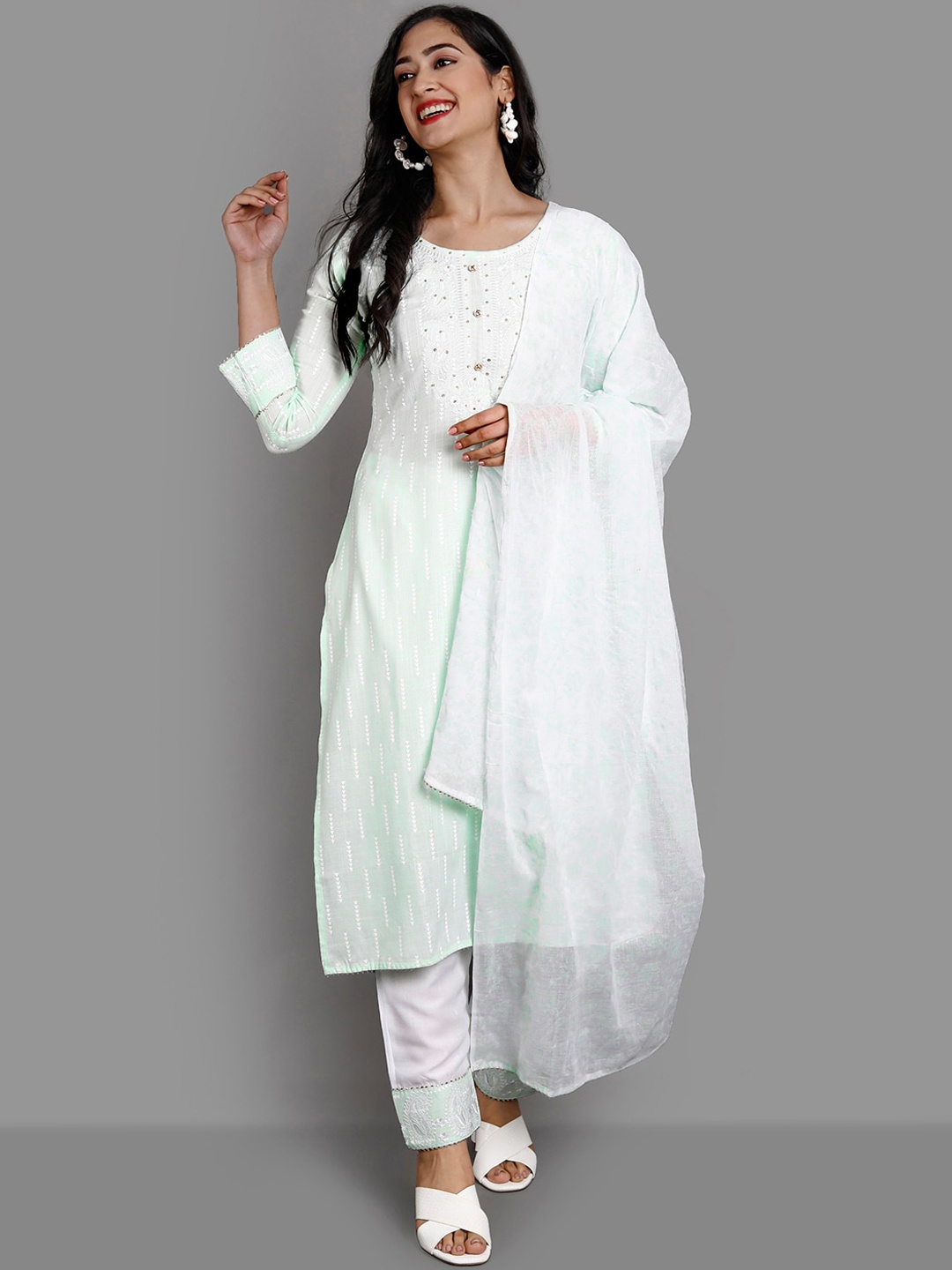 

Ziva Fashion Women Green Yoke Design Panelled Kurti with Trousers & With Dupatta