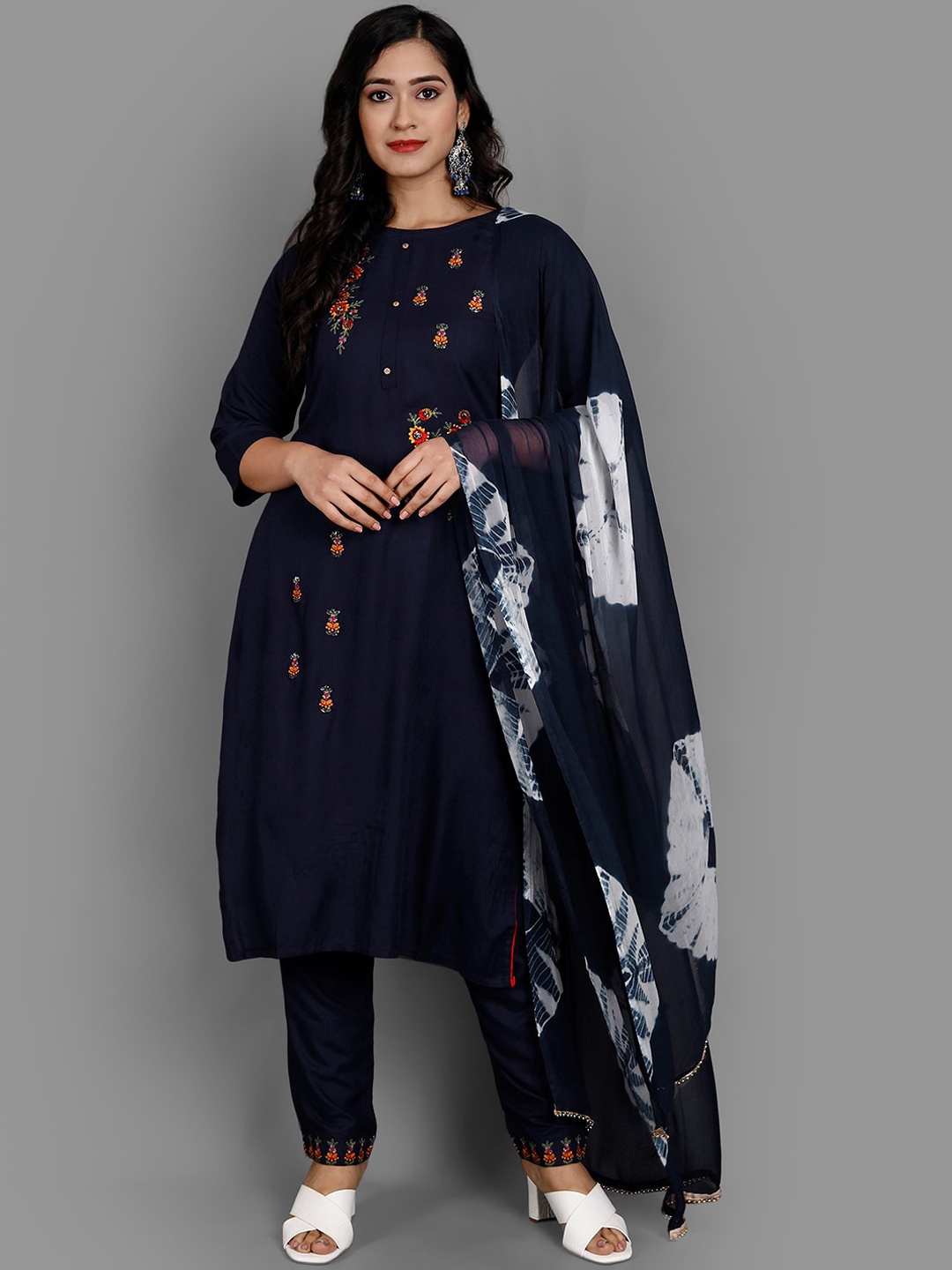 

Ziva Fashion Women Navy Blue Embroidered Panelled Kurta with Trousers & With Dupatta