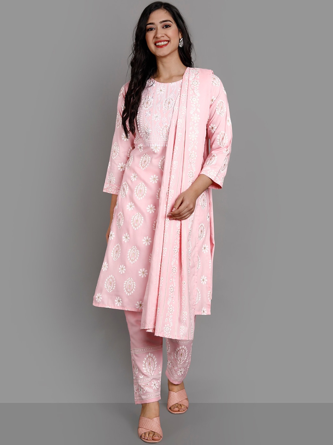 

Ziva Fashion Women Pink Ethnic Motifs Embroidered Layered Kurti with Trousers & With Dupatta