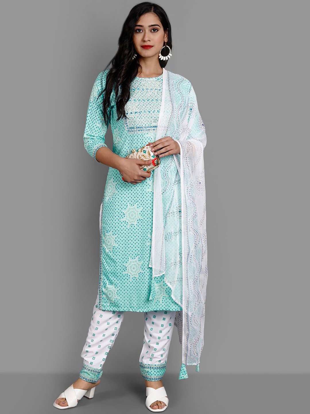 

Ziva Fashion Women Blue Ethnic Motifs Layered Kurta with Trousers & With Dupatta