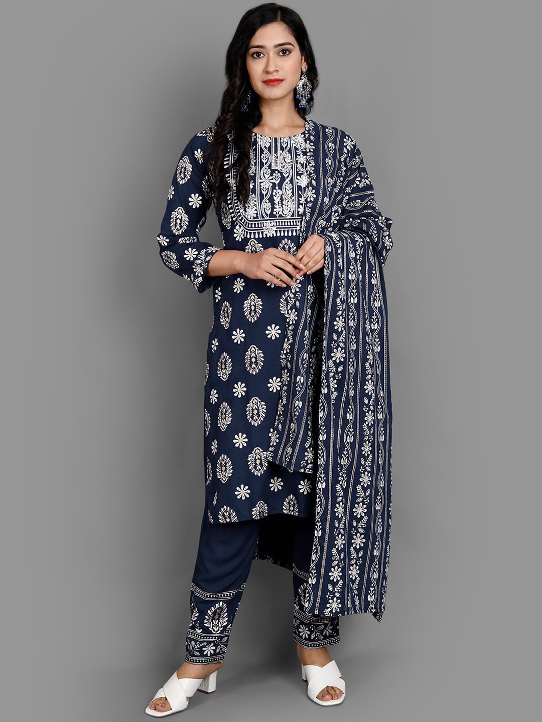 

Ziva Fashion Women Blue Ethnic Motifs Printed Kurti with Trousers & With Dupatta