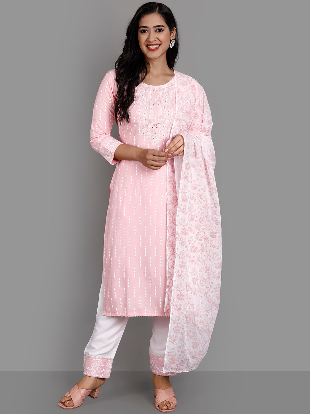 

Ziva Fashion Women Pink Embroidered High Slit Kurti with Trousers & With Dupatta