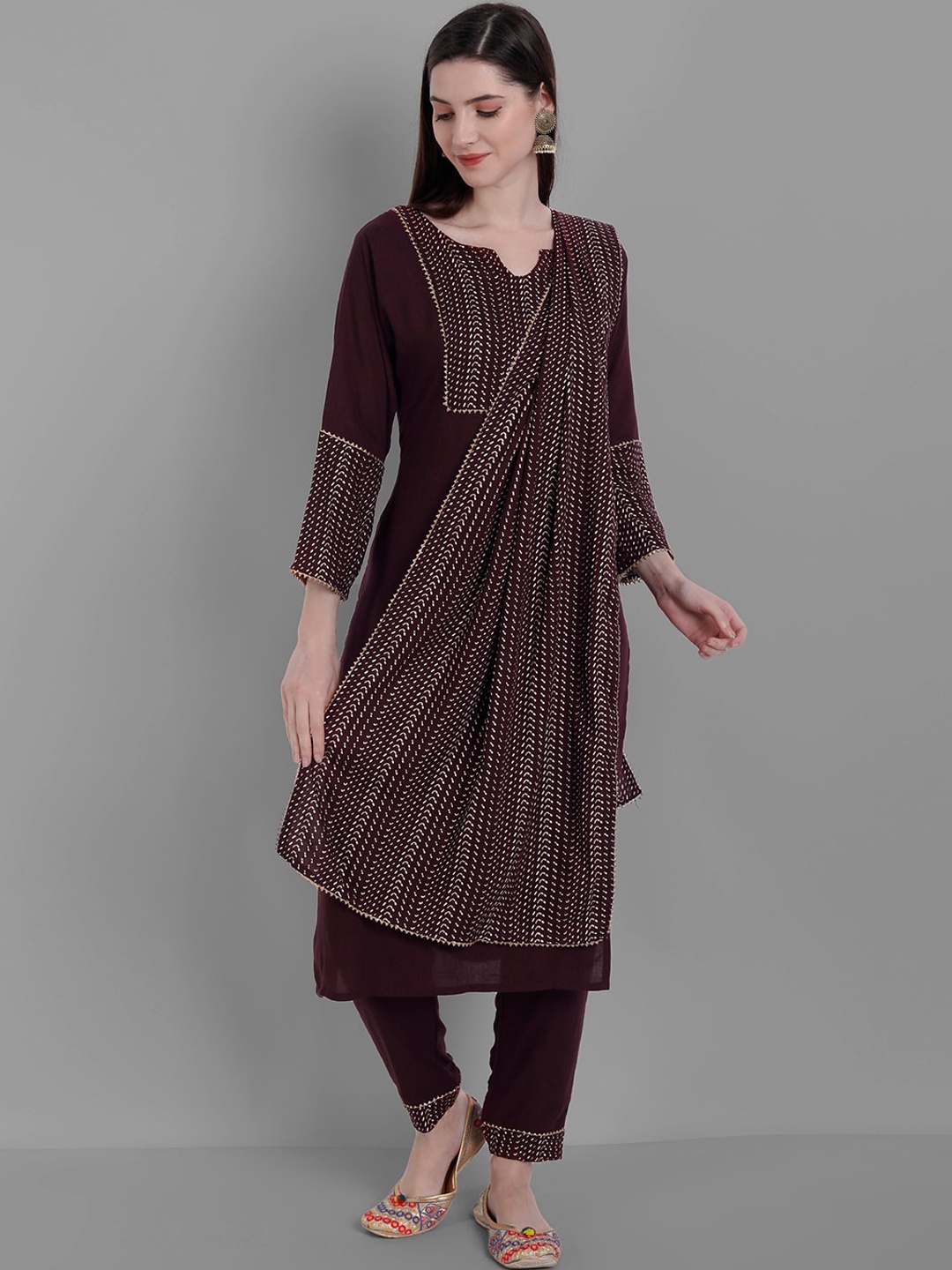 

Ziva Fashion Women Brown Striped Layered Kurti with Churidar & With Dupatta