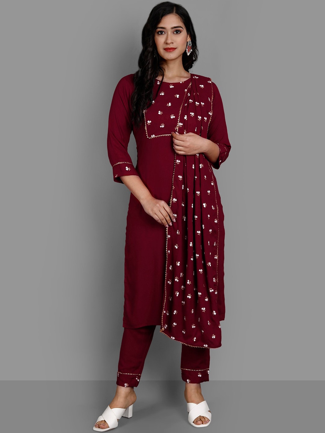 

Ziva Fashion Women Red Floral Yoke Design Panelled Kurti with Trousers & With Dupatta