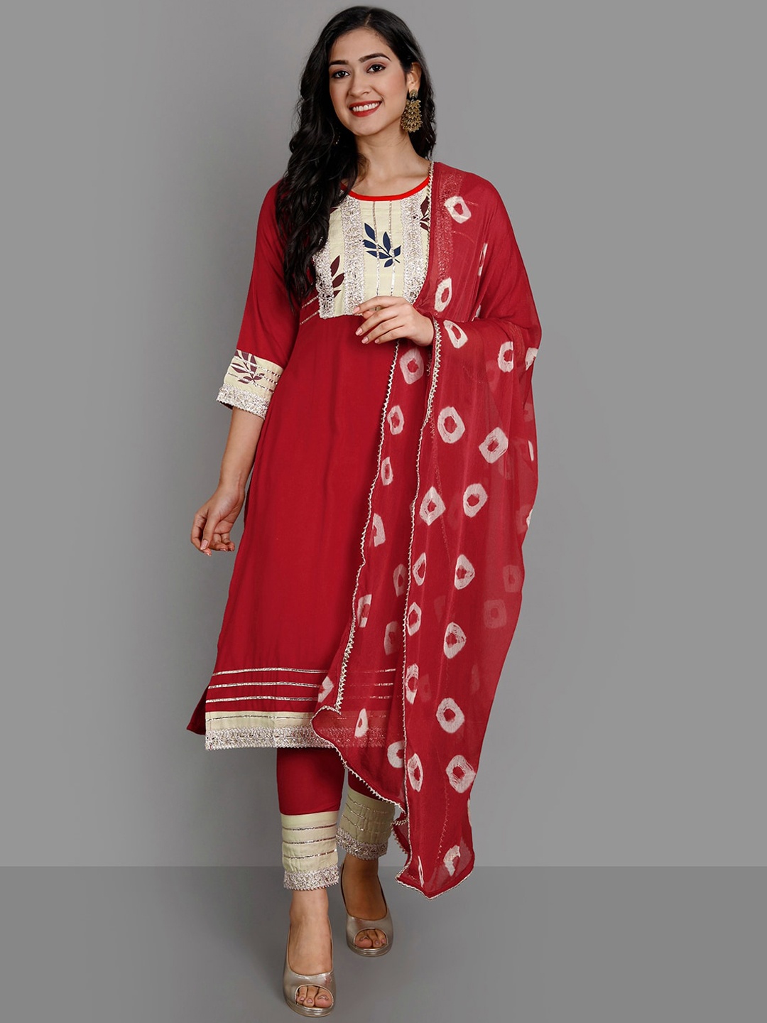 

Ziva Fashion Women Red Ethnic Motifs Embroidered Panelled Kurti with Trousers & With Dupatta