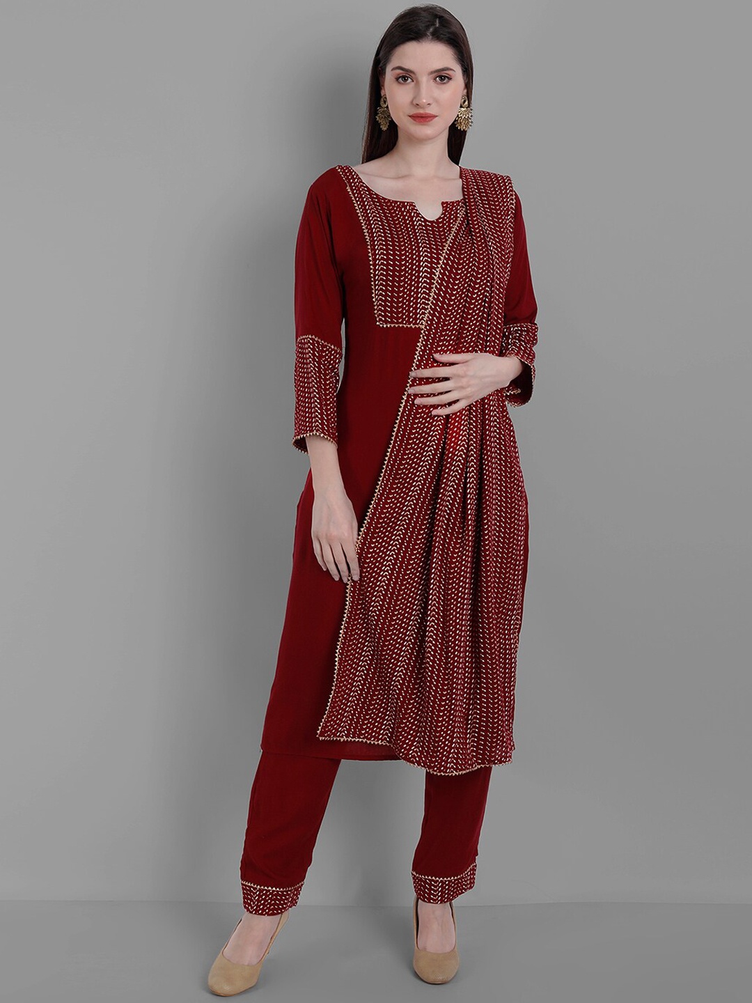 

Ziva Fashion Women Red Yoke Design Empire Kurti with Churidar & With Dupatta