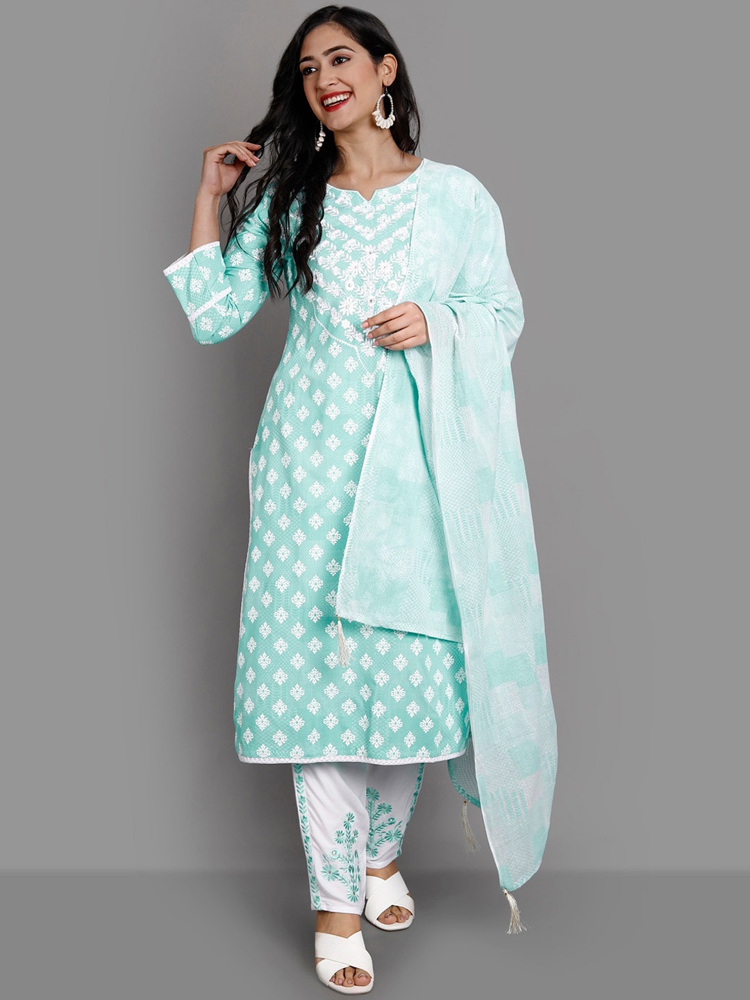 

Ziva Fashion Women Blue Paisley Empire Kurti with Trousers & With Dupatta