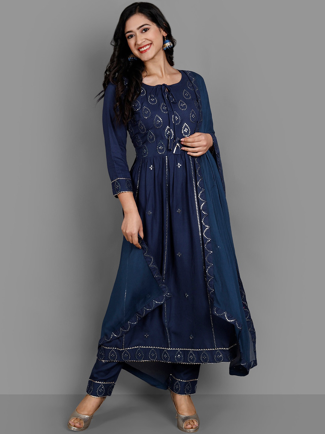 

Ziva Fashion Women Navy Blue Embroidered Empire Kurta with Trousers & With Dupatta
