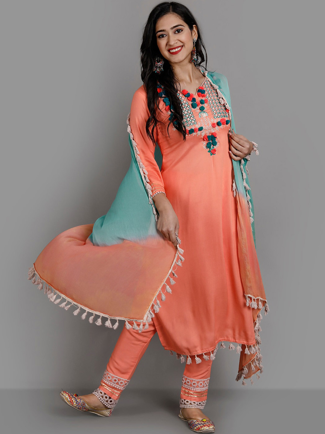 

Ziva Fashion Women Orange Floral Yoke Design Panelled Kurti with Trousers & With Dupatta