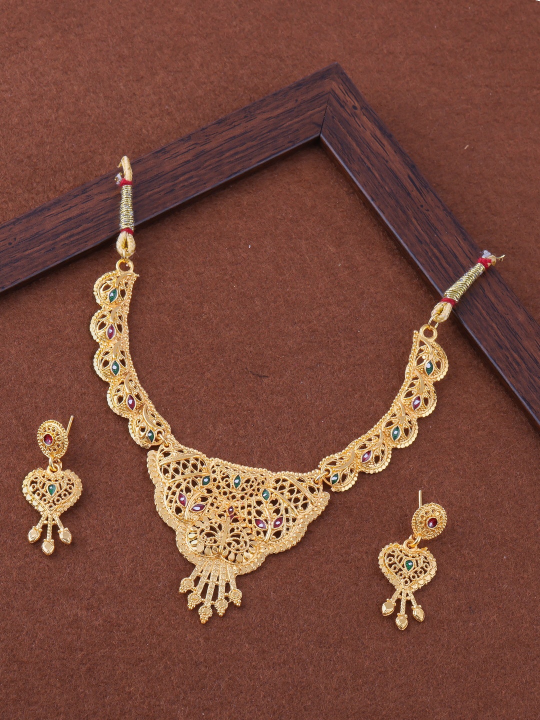 

Brandsoon Gold-Plated Green & Red Stone-Studded & Beaded Temple Jewellery Set