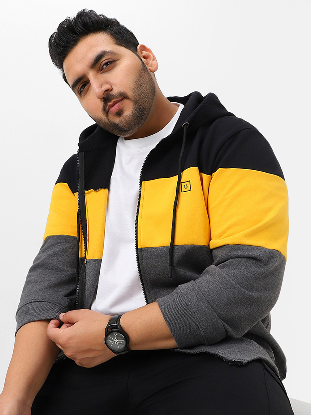 

Urbano Plus Men Colourblocked Zippered Hooded Sweatshirt, Multi